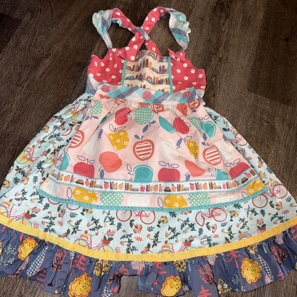 Matilda Jane Girls Dress Size 6 Mixed Print Ruffle Hem Cross Back To School